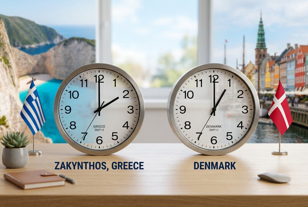 Hvad er tidsforskellen mellem Zakynthos og Danmark
